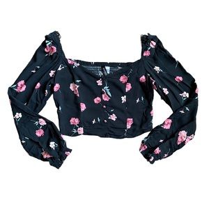 H&M Black Floral Crop Top Long Sleeves